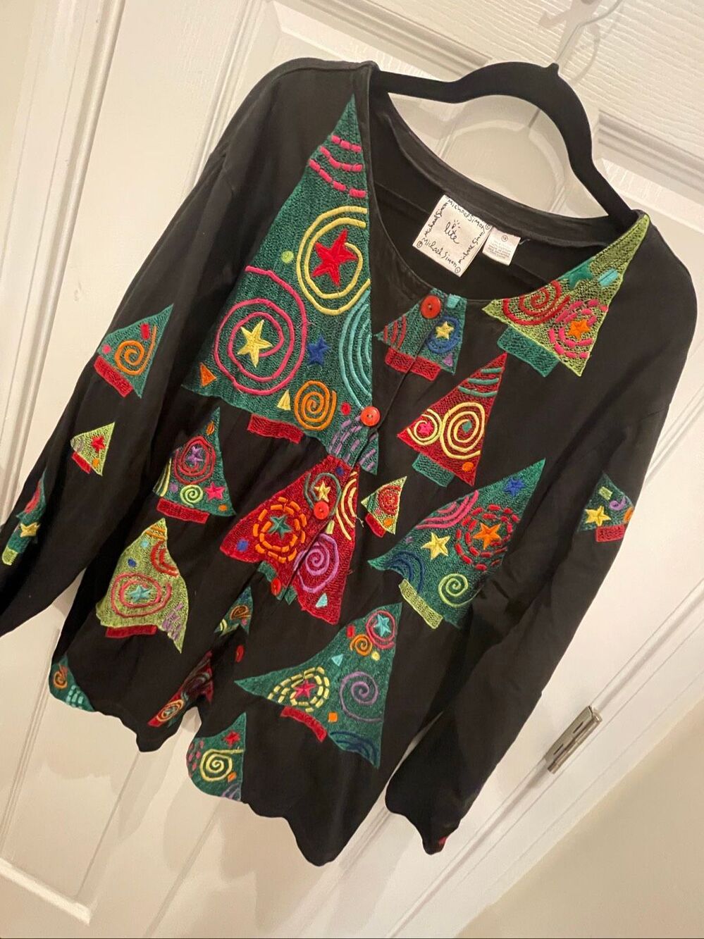 Michael Simon 1X Christmas Tree Cardigan Black Colorful Embroidered Holiday 100%